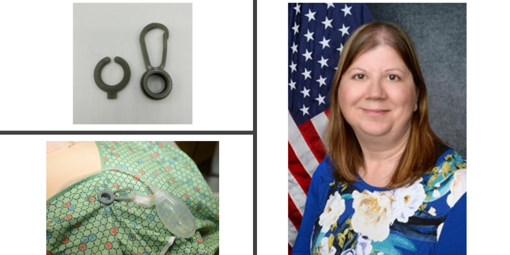 A split photo. Left side: A metal clip and a feeding tube. Right side: A smiling woman in a blue floral shirt, with an American flag behind her.