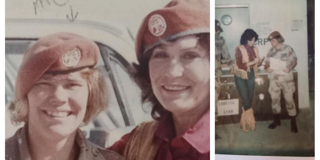 Two photos of a smiling woman in a red beret, one with another woman and another with soldiers.