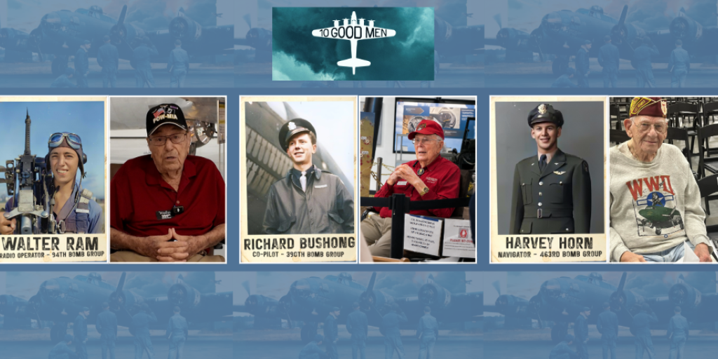Six portraits of Veterans, each with a name underneath, displayed on a blue background.