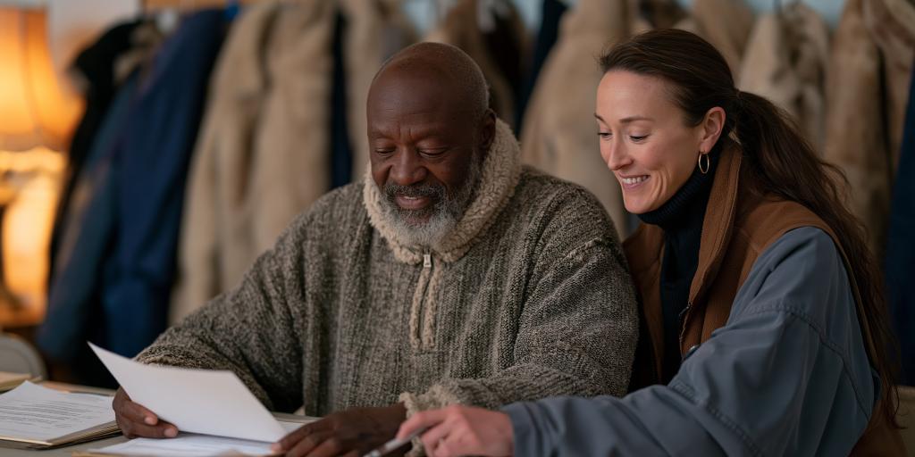 Two people sit at a table reviewing documents.