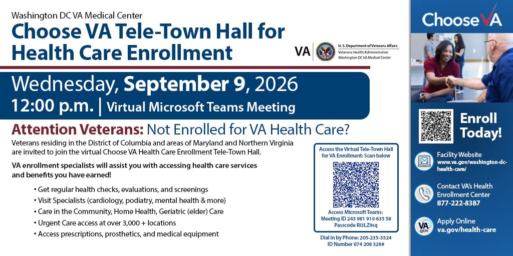 Poster for Choose VA Tele-Town Hall for Health Care Enrollment on September 9, 2026.