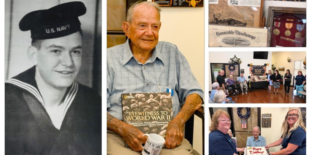 Collage of photos: sailor, elderly man with book, and award ceremony.