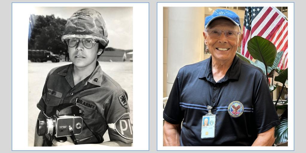 Two photos of a man: one in military uniform, one in a blue shirt.