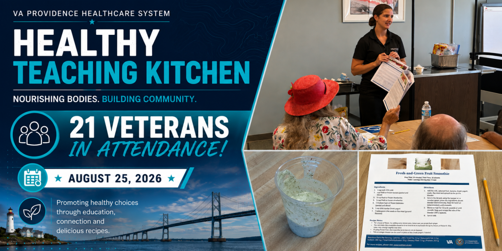 Poster for Healthy Teaching Kitchen with veterans, woman teaching, and bridge in background.