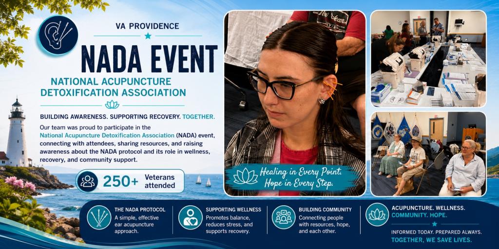 Poster for National Acupuncture Decertification Association event in Providence with photos of attendees.