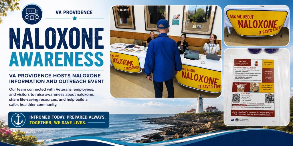 Naloxone Awareness poster with ocean, person at booth, and naloxone packaging.