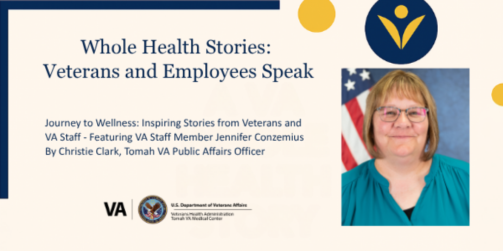 Graphic with woman and flag, titled "Whole Health Stories: Veterans and Employees Speak."