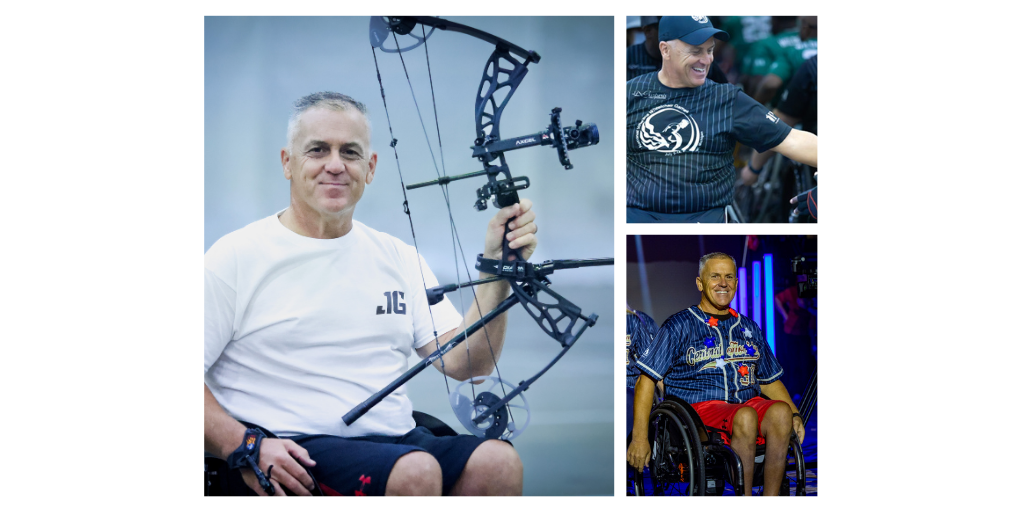 Collage of three photos: man with recurve bow, man in wheelchair, and man on stage.