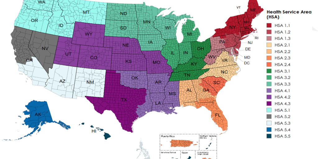 Map of United States divided into regions with different colors representing health insurance coverage data.
