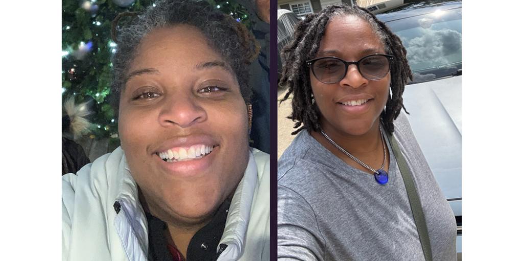 Two photos of a woman, one in a white jacket smiling, and another in a gray shirt with sunglasses.