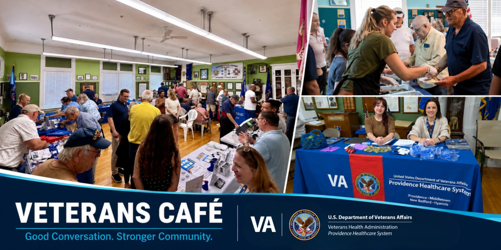 Collage of Veterans Café events with diverse attendees, blue tables, and VA logo.