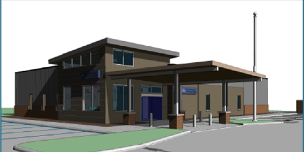 3D rendering of a modern building with a blue door, green roof, and adjacent pole.
