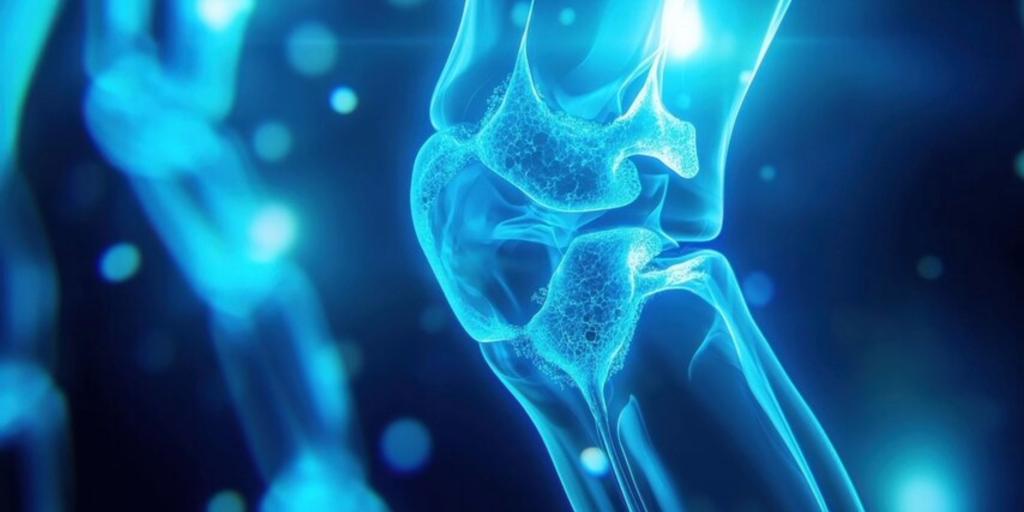 Graphic of a knee joint in blue on a dark background.