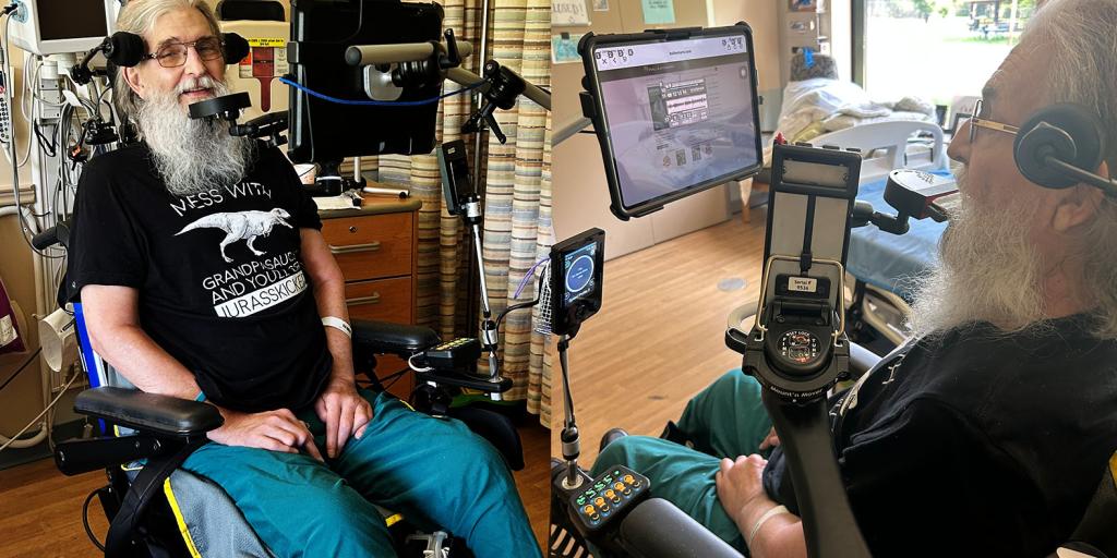 A collage of two photos of a man in a wheelchair using medical equipment.
