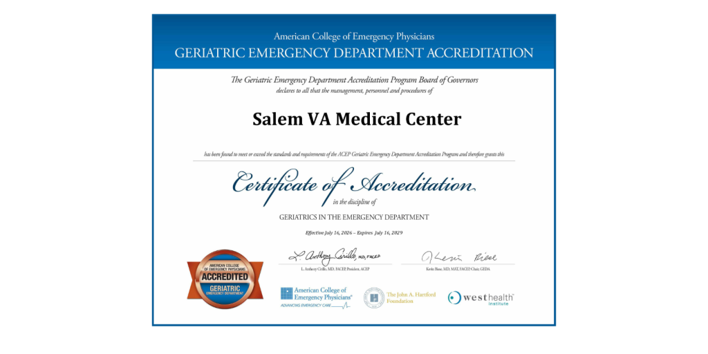Graphic: Certificate of Accreditation for Salem VA Medical Center with logos and signatures.