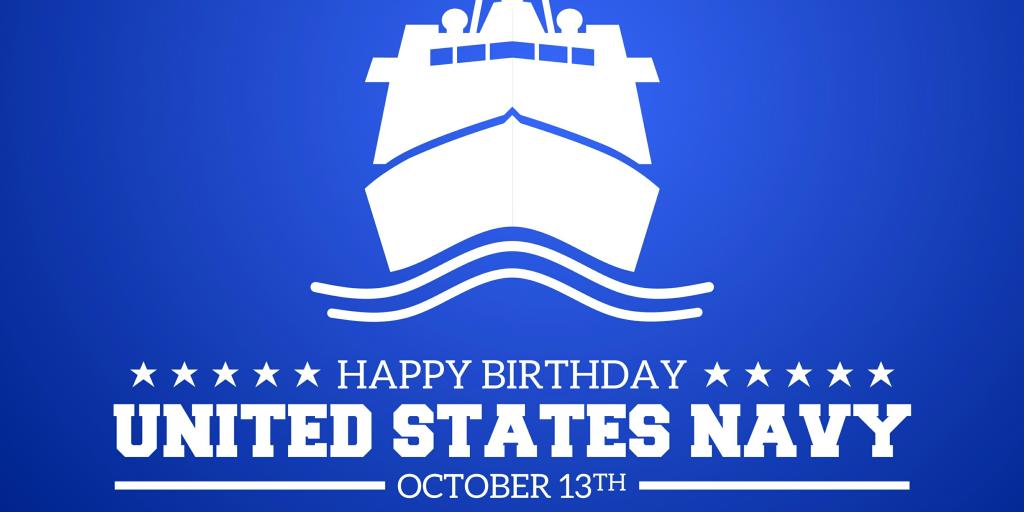 Happy Birthday United States Navy graphic with ship and flag.