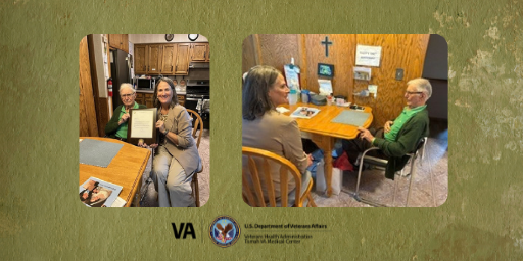 Two photos of people in a kitchen with a VA logo.