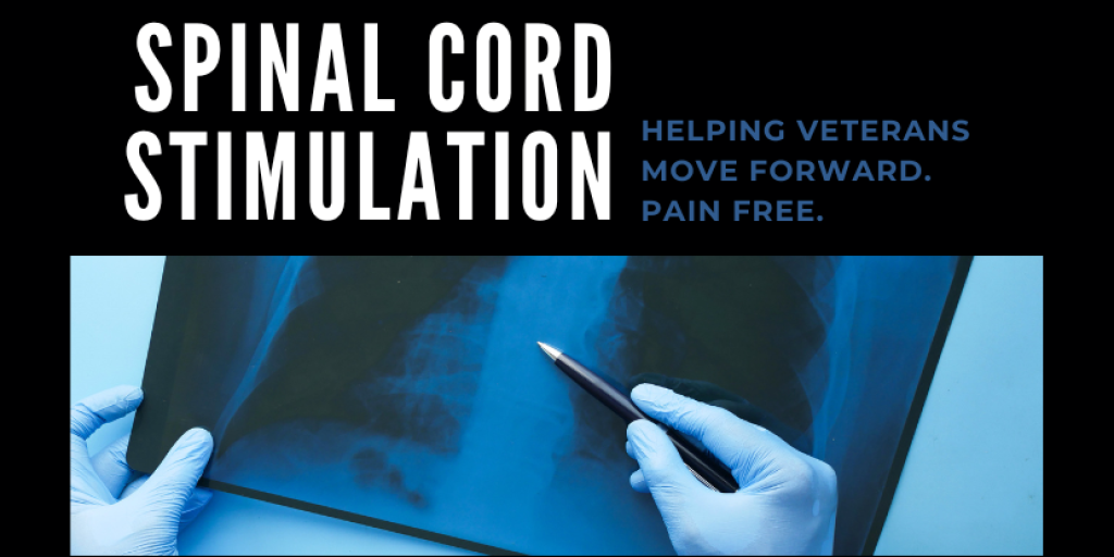 Graphic poster titled "Spinal Cord Stimulation" with gloved hands holding an X-ray.