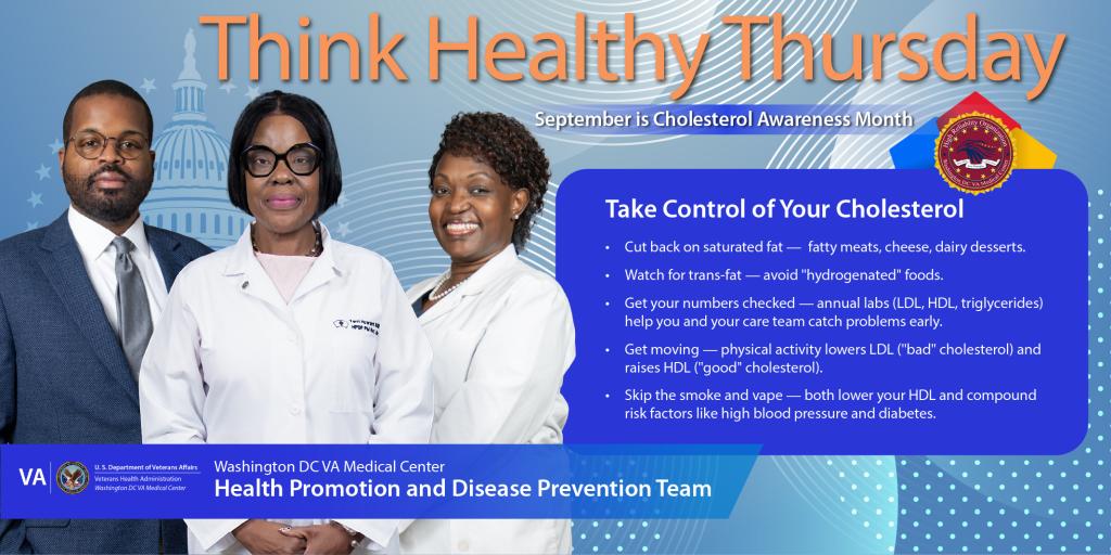 Three health professionals in lab coats with "Think Healthy Thursday" text.