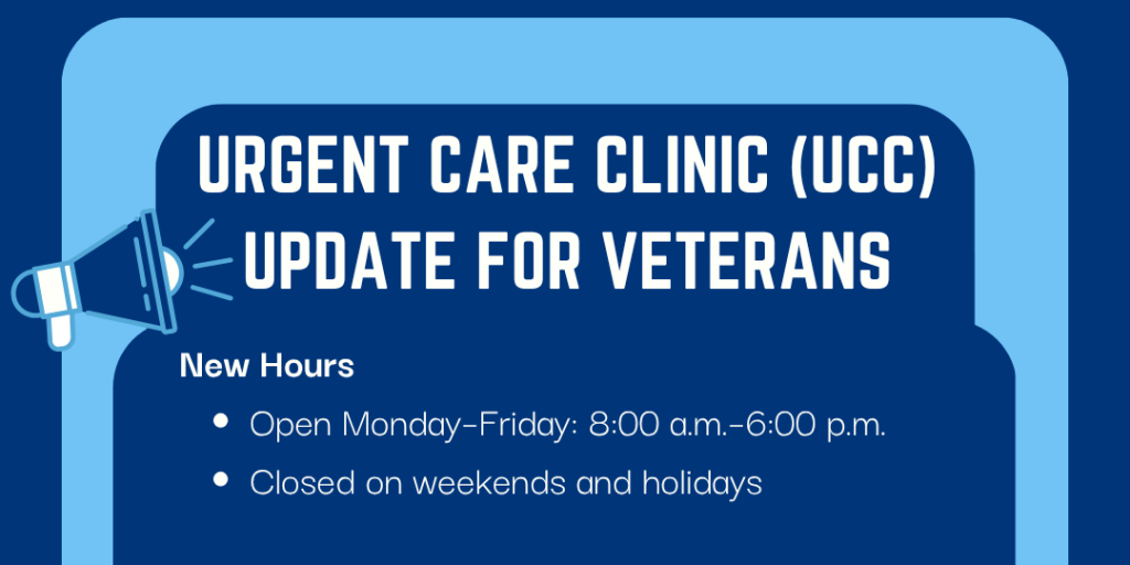 Urgent Care Clinic update poster with new hours, important dates, and contact information.