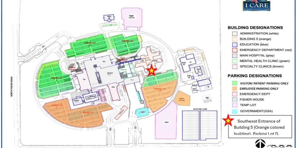 Map of VASNHS Medical Center with building designations and parking information.