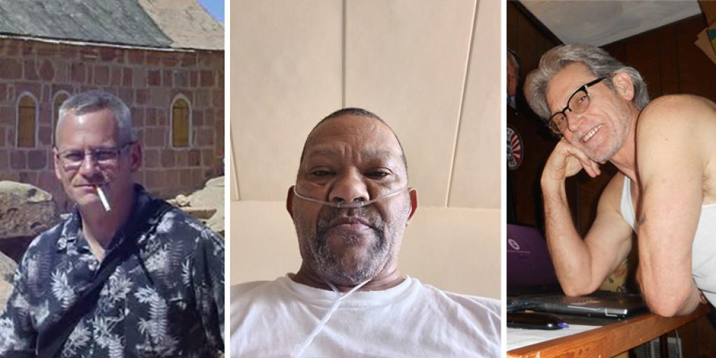 Collage of three men: one smoking, one with oxygen, and one leaning on a desk.