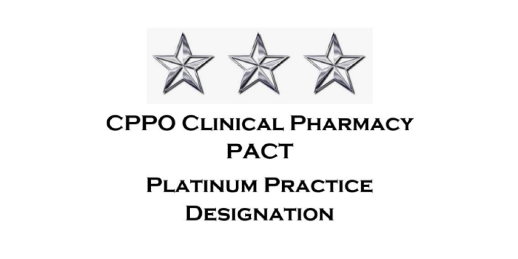 Three silver stars above text: "CPPO Clinical Pharmacy PACT Platinum Practice Designation."