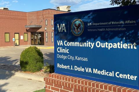 Wichita Vet Center Community Access Point located at the VA Community Outpatient Clinic, Dodge City Kansas. Signage located at the main entrance of the VA Clinic.