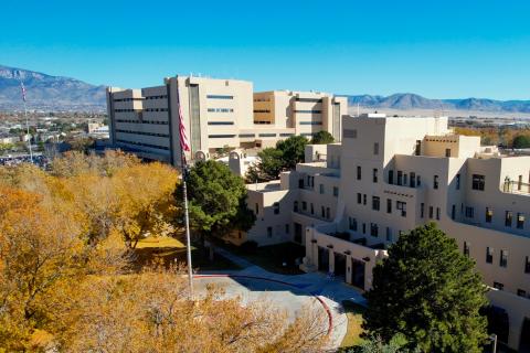 Arial shot of New Mexico Medical Center with views of the Sandia mountains.