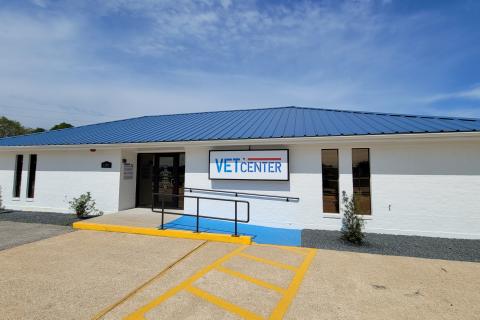 Exterior of Beaumont Vet Center showing white building with blue roof
