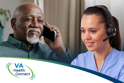 Veteran on the phone with a VA Health Connect registered nurse.