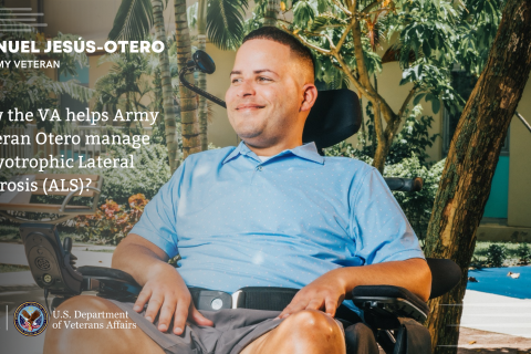 Veteran Otero sitting in the Spinal Cord Program Patio of the VA San Juan Facility.