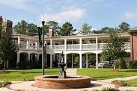 Fountain with Thomas University as backdrop