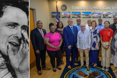 Columbia VA Health Care System staff welcomes Newcomb during a visit to the Wm. Jennings Bryan Dorn VA Medical Center. (Photo by Scott Perez)