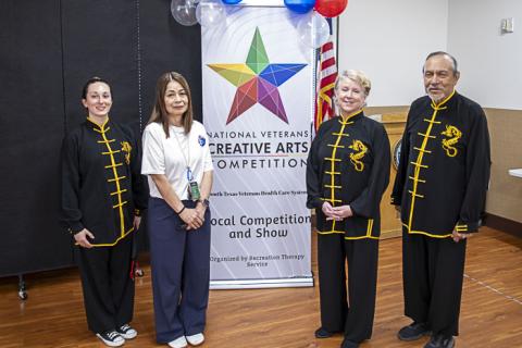 Members of the Tai Chi Group pose gather for a photo. From left: Mariah Lopez, Tomoyo Tillman (Tai Chi instructor), Margaret Larrea, and Robert Garza.   
