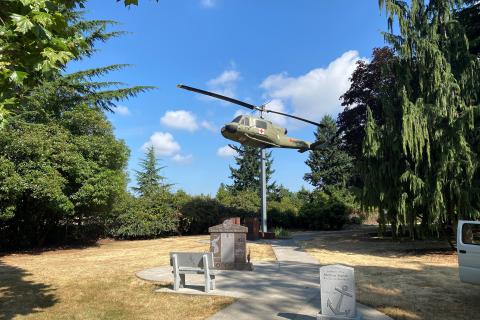Lady Bell, a UH-1B helicopter, displayed at the VA's Vancouver campus