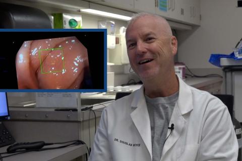 Gastroenterologist Dr. Douglas Boyce, with a screenshot of AI being used in a colonoscopy.