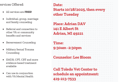 Vet Center flyer, new CAP site at the DAV office in Adrian, MI.