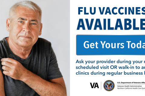 Vaccinated Veteran showing arm with band aid. Message reads: Flu vaccines available. Get yours today! 