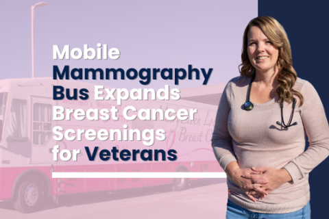 Mobile mammography bus expands breast cancer screenings for Veterans. Registered nurse, Melissa McNabb, stands in front of the pink mammography bus.
