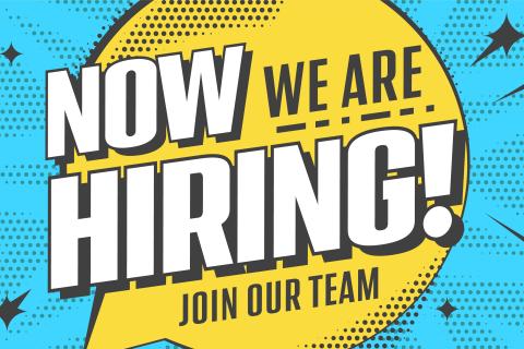 Graphic with "Now we are hiring! Join our team" on a blue background.