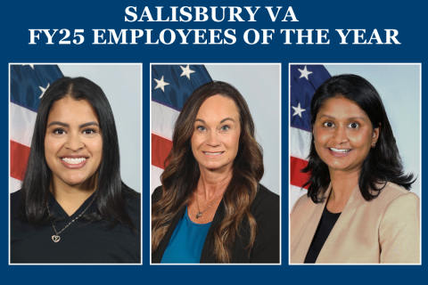 Three female employees of the year, each with a flag behind them.