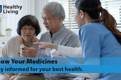 Nurse showing elderly couple a pill bottle with text: Know Your Medicines, Stay informed for your best health.