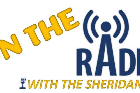 Logo for "On the Radio with the Sheridan VA" featuring radio waves and microphone.