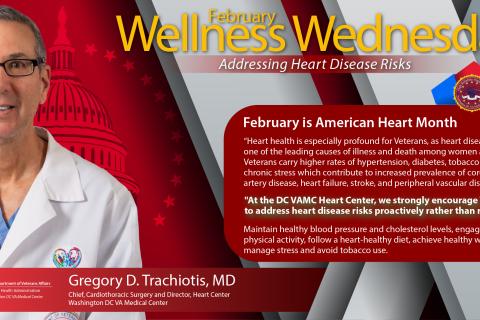 Dr. Tavel in white lab coat, smiling. Text: February Wellness Wednesday, American Heart Month.