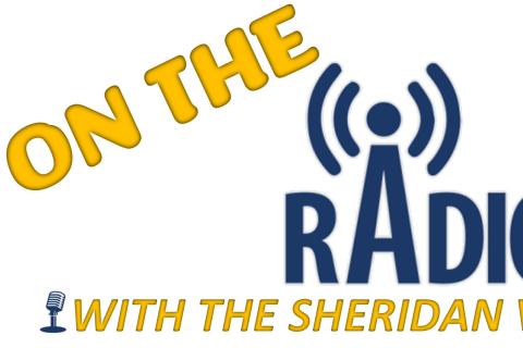 Logo for "On the Radio with the Sheridan VA" featuring radio waves and microphone.