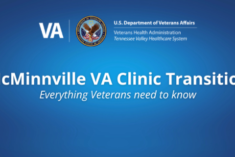 Blue background with VA logo and text: "McMinnville VA Clinic Transition: Everything Veterans need to know."