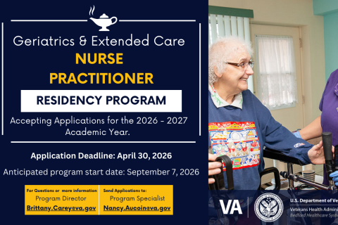 Elderly woman and nurse, poster for Geriatrics & Extended Care Nurse Practitioner Residency Program.