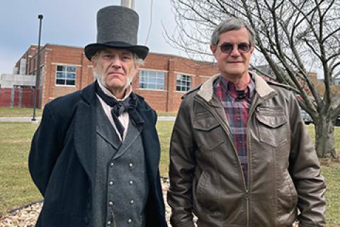 Army Veteran Eric Reeder (on left), dressed in period costume, portraying revered Pennsylvanian, Thaddeus Stevens, in the movie, Gettysburg 1863, with VA social worker Mike Pasinski, LCSW (on right) of the VA Lebanon Healthcare System.