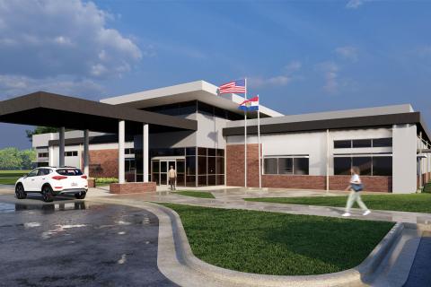 3D rendering of a government building with two flags, a parked car, and a pedestrian.